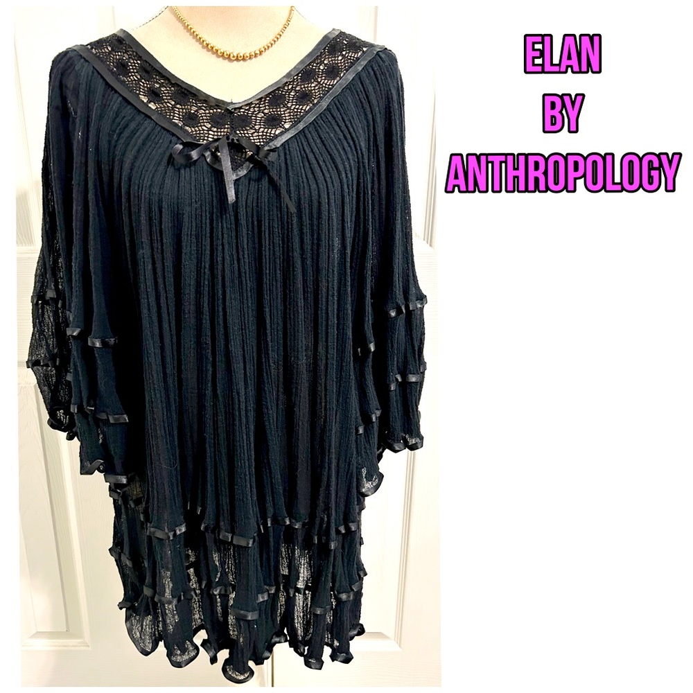 NWOT Elan Anthropology, Black Mesh, Ribbon Detail Semi Sheer Boho Top / Cover Up